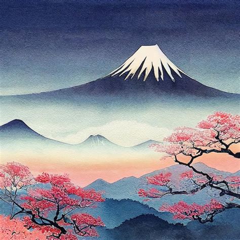 Premium Photo | Watercolor Japan Mount Fuji with blooming skaura ...