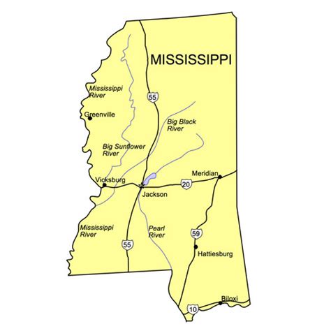 Mississippi US State PowerPoint Map, Highways, Waterways, Capital and Major Cities - Clip Art Maps