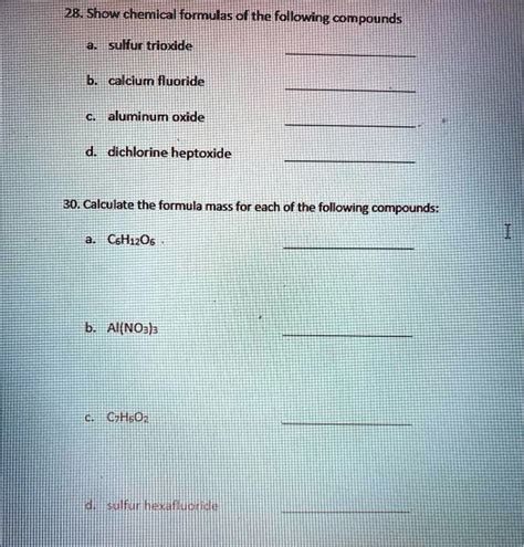 SOLVED: 284 Show chemical formulas of the following compounds: sulfur trioxide calcium fluoride ...