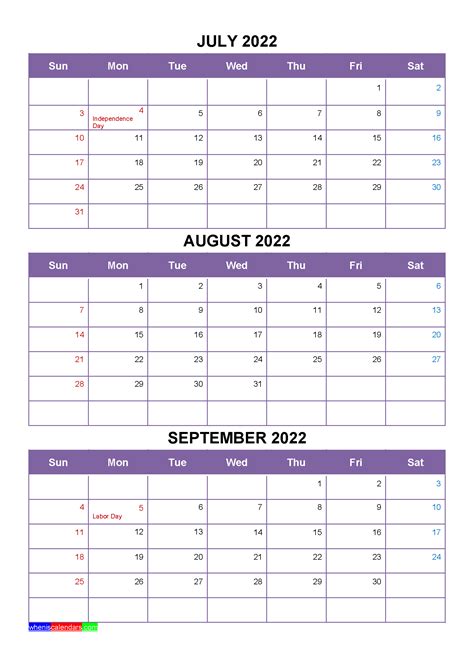 Free Calendar July August September 2022 with Holidays [Four Quarters ...