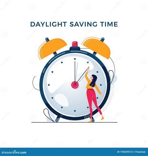 Daylight Saving Time Illustration. Young Woman Turns the Hand of the Clock Stock Vector ...