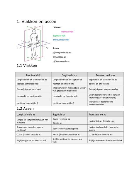 Vlakken en assen - 1. Vlakken en assen Vlakken frontaal vlak Sagittaal vlak Transversaal vlak ...