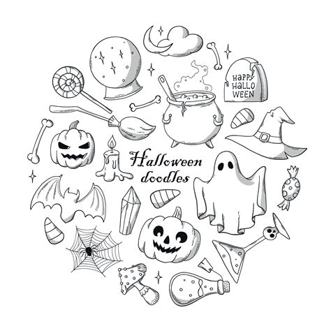 set of hand drawn Halloween doodles isolated on white background. Good for coloring pages ...