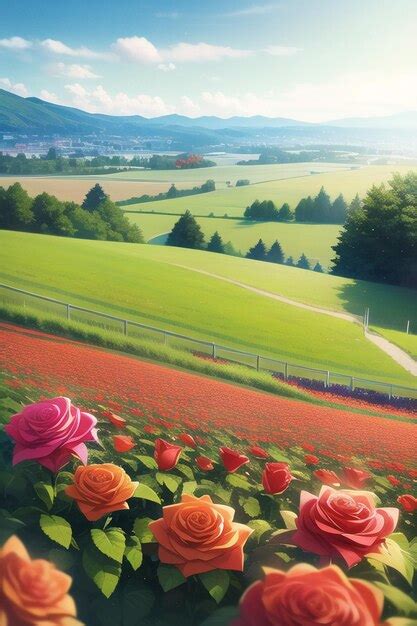 Premium AI Image | A painting of a field of roses in the spring.