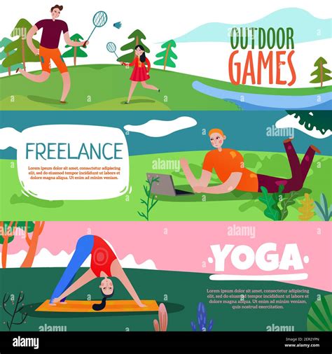 Park rest horizontal banners set with yoga symbols flat isolated Stock ...