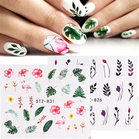 New Nail Stickers Green Leaf Flamingo Flowers Feather Water Decal Nail Art Decorations Wraps ...