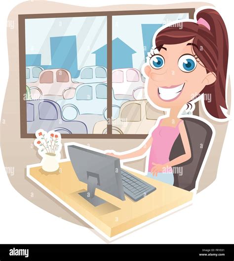 Cartoon girl working with computer at her home Stock Vector Image & Art - Alamy