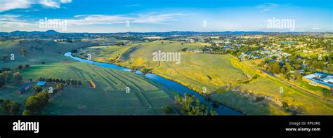 Wide aerial panoram of Yass river and surrounding countryside at sunset in New South Wales ...