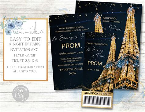 A Night in Paris Invitation, Flyer and Ticket Set, Prom, Homecoming ...