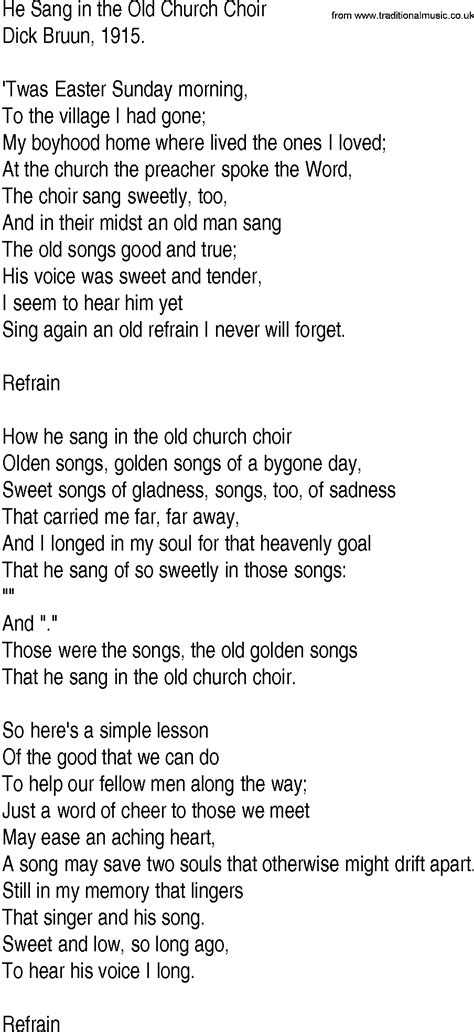 Hymn and Gospel Song Lyrics for He Sang in the Old Church Choir by Dick Bruun