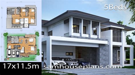 House Plans Idea 17x11.5m with 5 Bedrooms - SamHousePlans