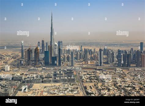 Dubai skyline Burj Khalifa skyscraper aerial view aerial photo Stock ...