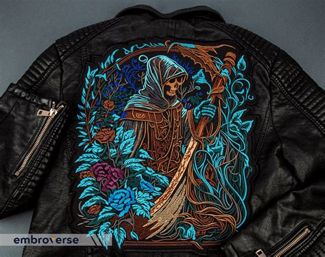 Floral Grim Reaper Large Back Patch Embroidered Death Art, Flower Skull-themed Iron-on for ...