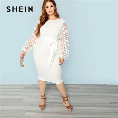 Aliexpress.com : Buy SHEIN White Floral Applique Sheer Lantern Sleeve Plus Size Women Bodycon ...