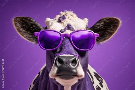 Cute Cartoon Cow wearing Purple Sunglasses on a Purple Background (Generative AI) Stock ...