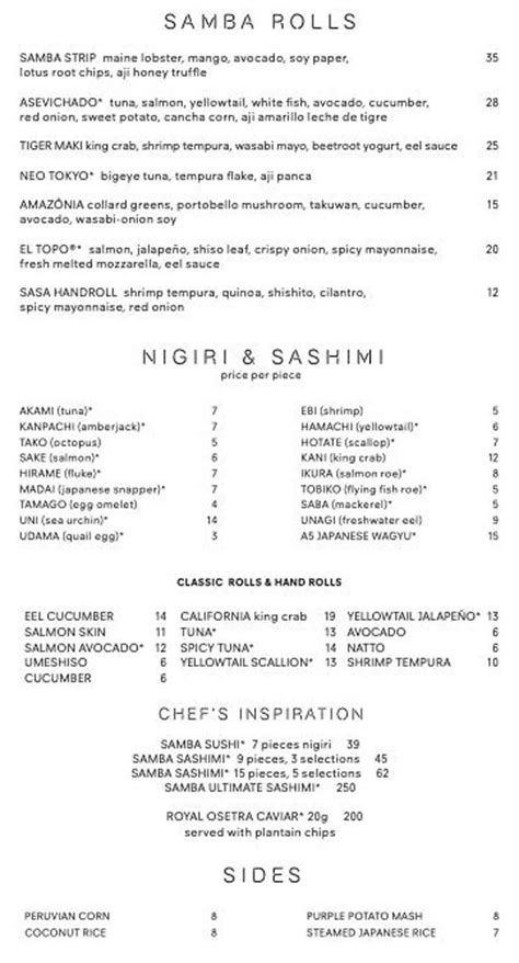 Menu for SushiSamba (3327 Las Vegas Boulevard South The Grand Canal ...