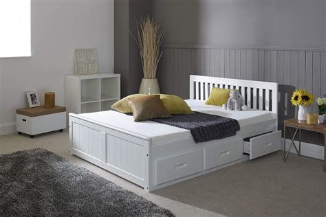 4'6 Double Satin White Mission Storage Bed with 6 Storage Drawers and Spring Flexi Mattress ...