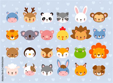 Big vector set with animal faces. Collection of cute baby animals in ...