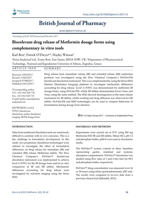 (PDF) Biorelevant drug release of Metformin dosage forms using complementary in vitro tools