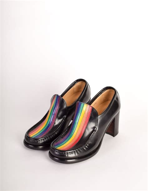 Patrick Cox Vintage Rainbow Stripe Black Leather Heeled Loafer Shoes ...