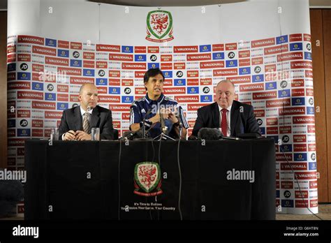 Wales National team manager Chris Coleman (centre) with FAW chief ...