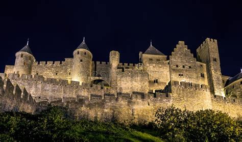 Carcassone Medieval Castle Night View. Stock Image - Image of unesco ...