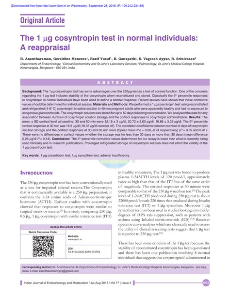 (PDF) The 1 μg cosyntropin test in normal individuals: A reappraisal