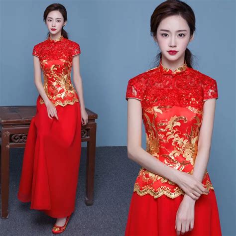 Red Bride Cheongsam Fashion Women Embroidery Modern Chinese Wedding Dress Long Traditional ...