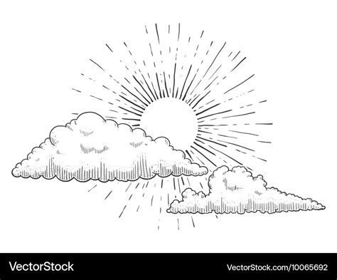 Sun with clouds engraving Royalty Free Vector Image