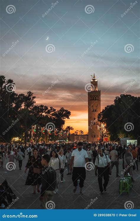 Koutoubia Mosque, Marrakech, Morocco at Night with a Moon Around Sunset Editorial Image - Image ...