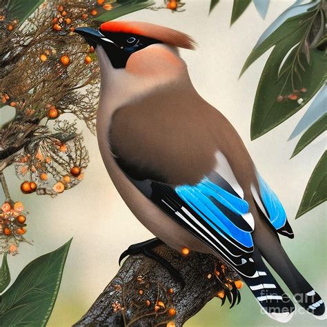 Waxwing Bird On A Branch Traditional Canvas Wall Art Painting by Mounir ...