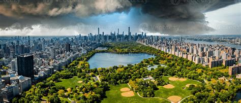 Central Park aerial view in Manhattan, New York. huge beautiful park is surrounded by skyscraper ...