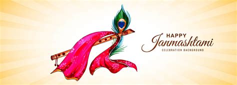 Shree Krishna Janmashtami Festival Banner with Scarf, Flute, Feather ...