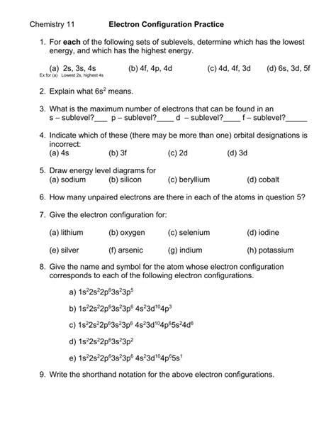 Electron Configuration Practice Worksheet - Abhayjere.com