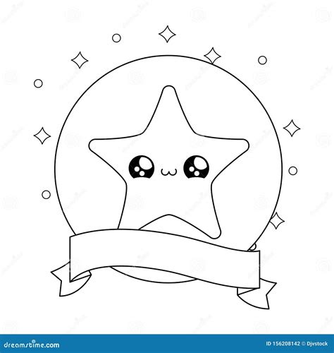 Cute Star in Frame Circular with Ribbon Kawaii Style Stock Illustration ...