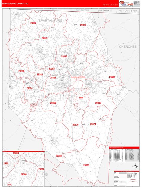 Spartanburg County, SC Zip Code Wall Map Red Line Style by MarketMAPS - MapSales