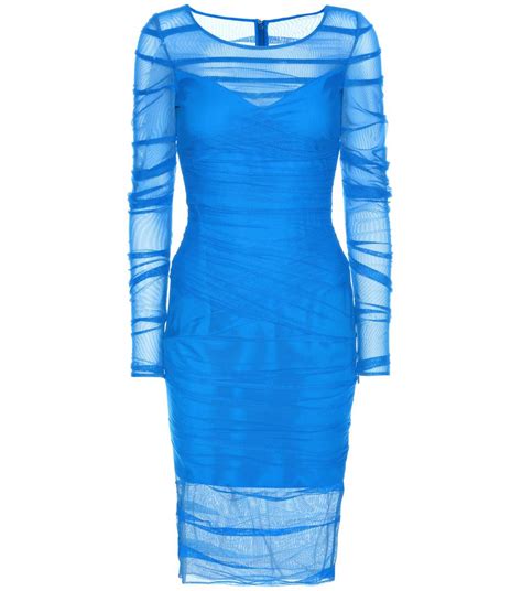 Versace Draped Stretch Tulle Dress In Blue | ModeSens