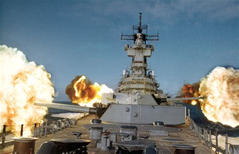 USS New Jersey (BB-62) fires 16in and 5in guns, 1986