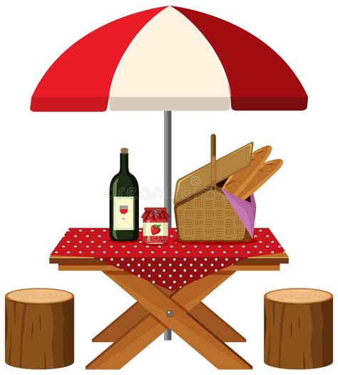 Picnic Table with Food and Wine on White Background Stock Vector ...