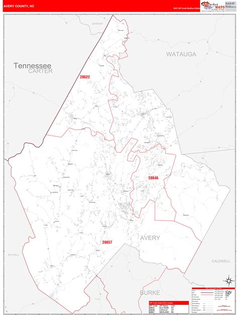 Avery County, NC Zip Code Wall Map Red Line Style by MarketMAPS