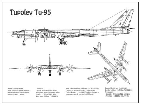 Tupolev Tu-95 - Airplane Blueprint. Drawing Plans for Tupolev Tu-95 Bear Soviet or Russian ...