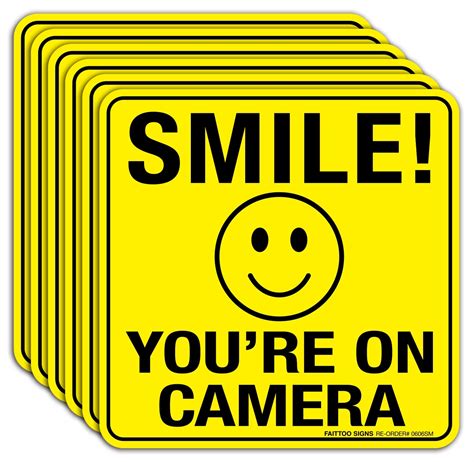 Smile You're On Camera Sign Stickers 6 Pack - 6 x 6 Inches- 4 Mil Viny - Laminated for Ultimate ...