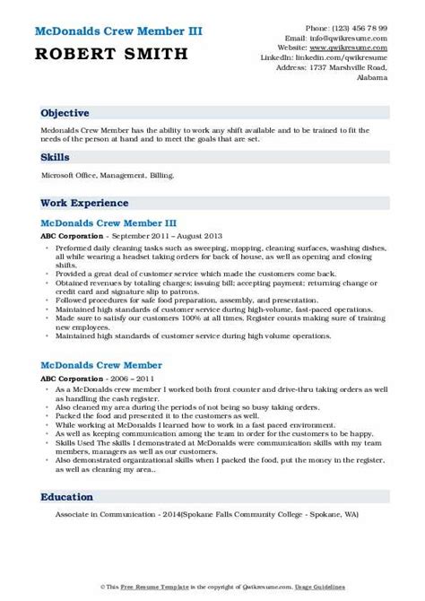 Mcdonalds Crew Member Resume Samples | QwikResume