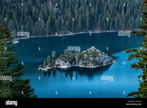 Breathtaking view of Emerald Bay and Fannette Island at sunset from a scenic overlook, South ...