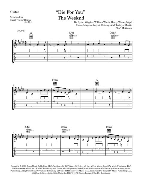 Die For You (arr. David Rain Banta) by The Weeknd Sheet Music for Easy Guitar Tab at Sheet Music ...