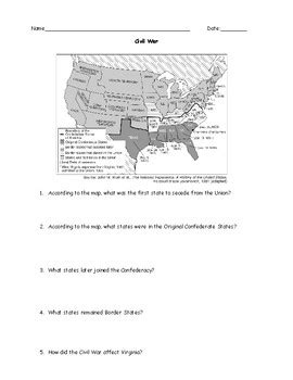 Civil War Map Worksheet and Answer Key by JMR History | TpT