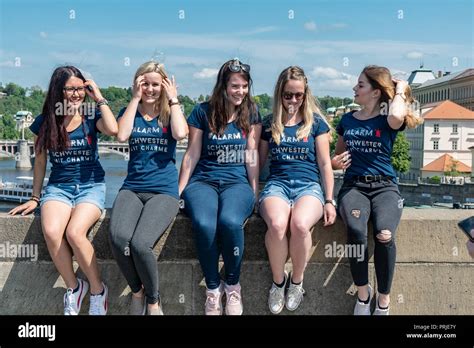 Group of Girls on Charles Bridge in Prague, Czech Republic Stock Photo ...