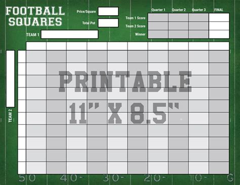 4-quarter Football Squares Download & Print ANY Football Game 11x8.5 PRINTABLE Football Grid - Etsy