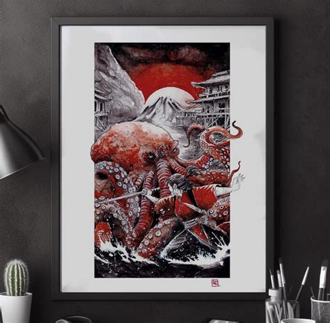 Poster Poster Kraken Samurai Warrior Japan Yakusa Tattoo Red Black ...