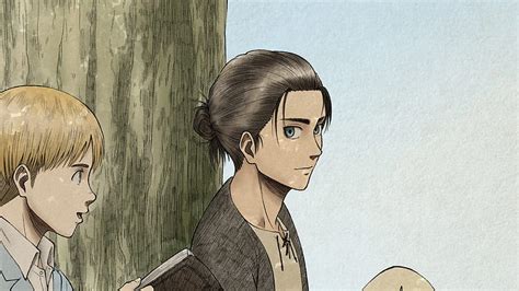 Attack On Titan Armin Arlert Eren Yeager Are Standing Near A Tree With Background Of Blue Sky ...